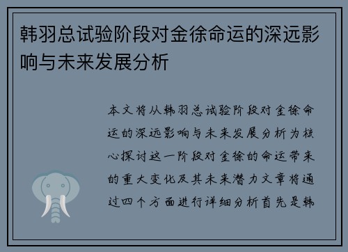 韩羽总试验阶段对金徐命运的深远影响与未来发展分析