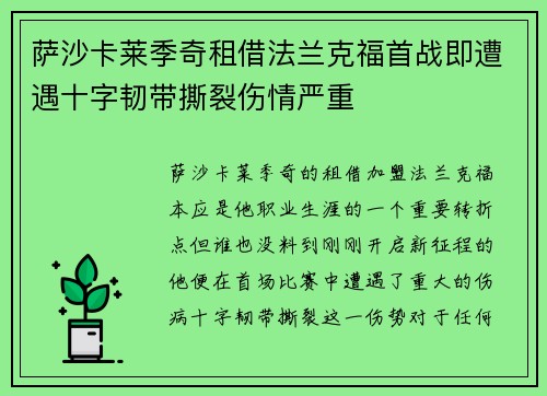 萨沙卡莱季奇租借法兰克福首战即遭遇十字韧带撕裂伤情严重
